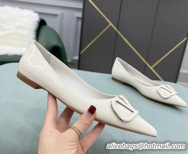 Custom Valentino VLOGO SIGNATURE Patent Leather Flat Ballerina White 0107062