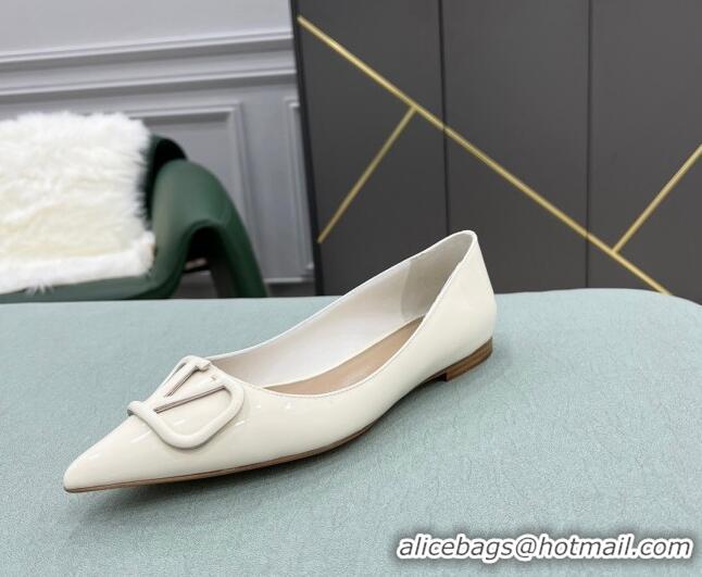 Custom Valentino VLOGO SIGNATURE Patent Leather Flat Ballerina White 0107062