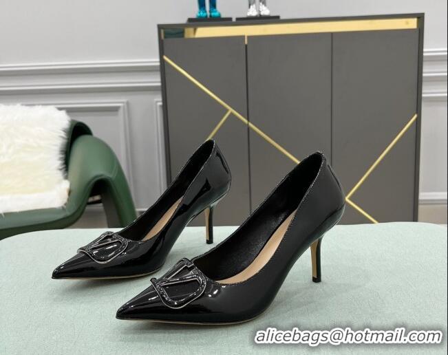 Elegant Valentino VLOGO SIGNATURE Patent Leather Pump with 8cm Heel Black 0107063