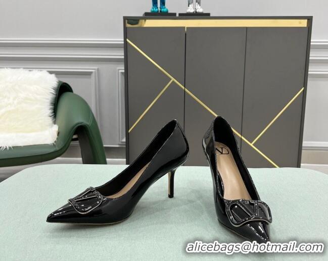 Elegant Valentino VLOGO SIGNATURE Patent Leather Pump with 8cm Heel Black 0107063