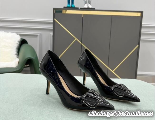 Elegant Valentino VLOGO SIGNATURE Patent Leather Pump with 8cm Heel Black 0107063