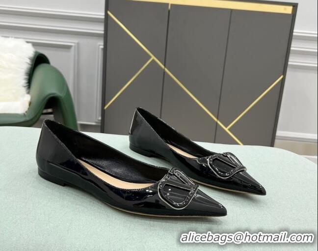 Luxury Valentino VLOGO SIGNATURE Patent Leather Flat Ballerina Black 0107065