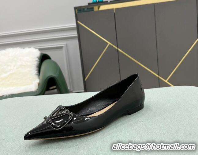 Luxury Valentino VLOGO SIGNATURE Patent Leather Flat Ballerina Black 0107065