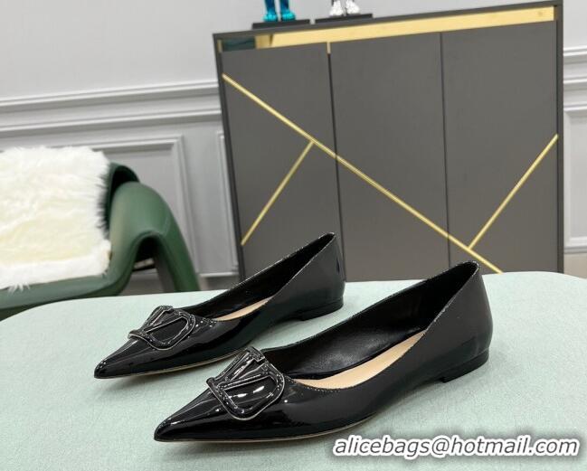 Luxury Valentino VLOGO SIGNATURE Patent Leather Flat Ballerina Black 0107065