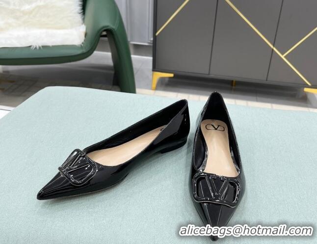 Luxury Valentino VLOGO SIGNATURE Patent Leather Flat Ballerina Black 0107065