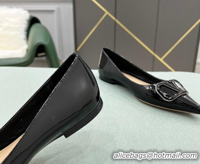 Luxury Valentino VLOGO SIGNATURE Patent Leather Flat Ballerina Black 0107065