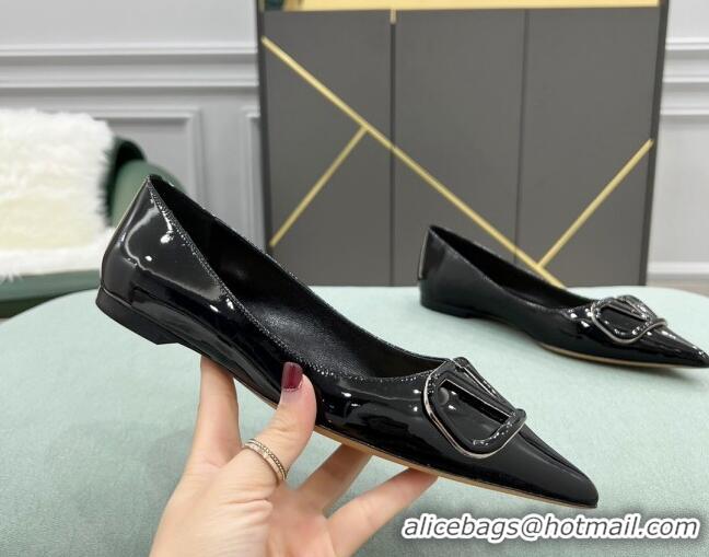 Luxury Valentino VLOGO SIGNATURE Patent Leather Flat Ballerina Black 0107065