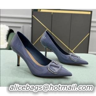 Shop Cheap Valentino VLOGO SIGNATURE Patent Leather Pump with 8cm Heel Blue 0107066