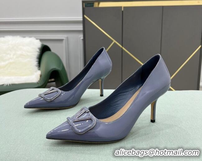 Shop Cheap Valentino VLOGO SIGNATURE Patent Leather Pump with 8cm Heel Blue 0107066