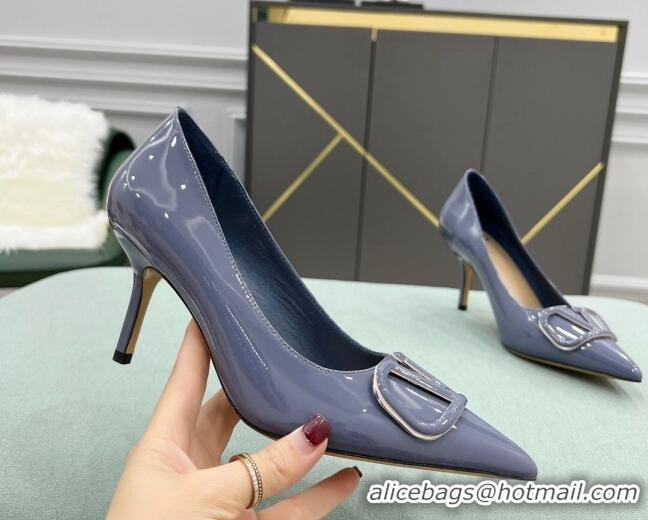 Shop Cheap Valentino VLOGO SIGNATURE Patent Leather Pump with 8cm Heel Blue 0107066