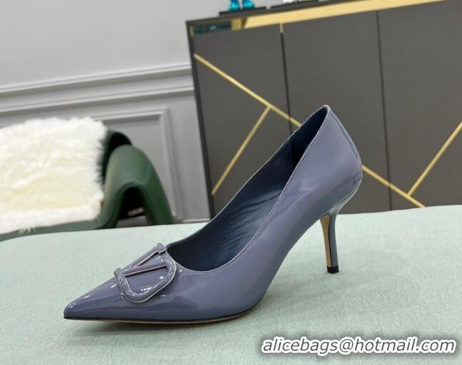 Shop Cheap Valentino VLOGO SIGNATURE Patent Leather Pump with 8cm Heel Blue 0107066