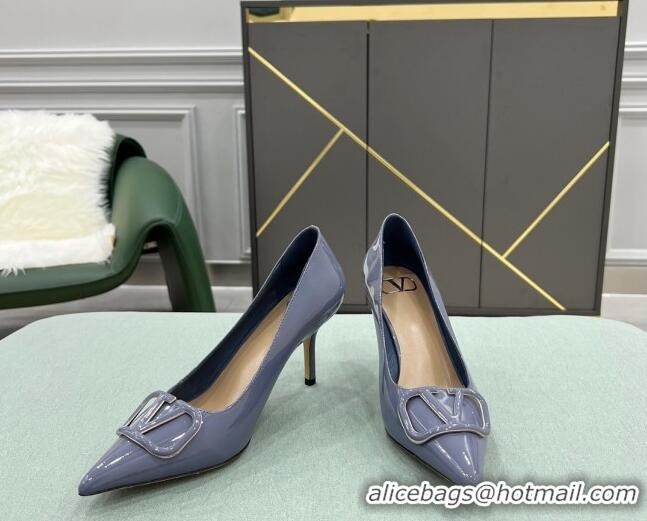 Shop Cheap Valentino VLOGO SIGNATURE Patent Leather Pump with 8cm Heel Blue 0107066