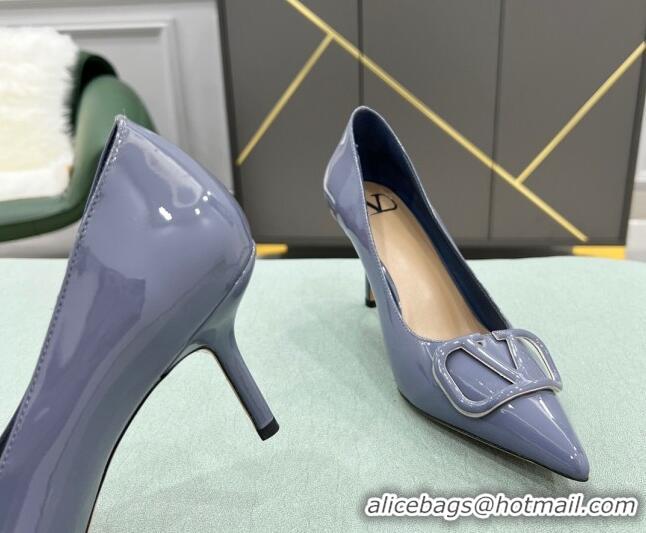 Shop Cheap Valentino VLOGO SIGNATURE Patent Leather Pump with 8cm Heel Blue 0107066