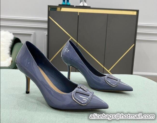 Shop Cheap Valentino VLOGO SIGNATURE Patent Leather Pump with 8cm Heel Blue 0107066