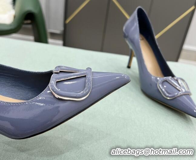 Shop Cheap Valentino VLOGO SIGNATURE Patent Leather Pump with 8cm Heel Blue 0107066