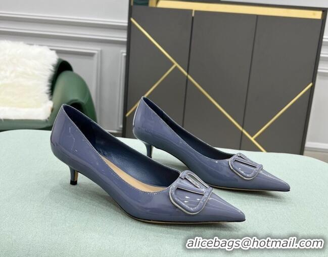 Sumptuous Valentino VLOGO SIGNATURE Patent Leather Pump with 4cm Heel Blue 0107067