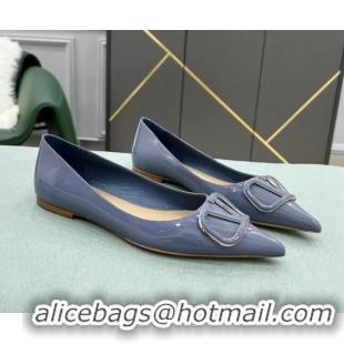 Stylish Valentino VLOGO SIGNATURE Patent Leather Flat Ballerina Blue 0107068