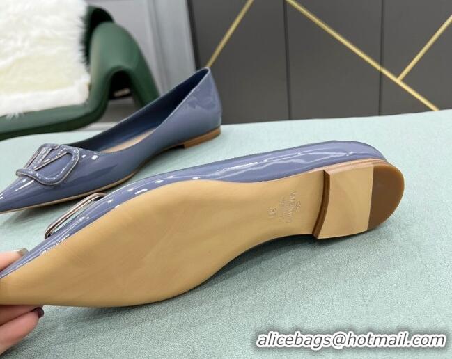 Stylish Valentino VLOGO SIGNATURE Patent Leather Flat Ballerina Blue 0107068