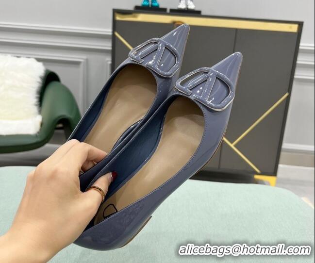 Stylish Valentino VLOGO SIGNATURE Patent Leather Flat Ballerina Blue 0107068