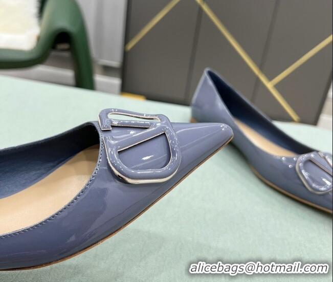 Stylish Valentino VLOGO SIGNATURE Patent Leather Flat Ballerina Blue 0107068