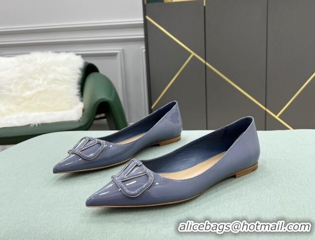 Stylish Valentino VLOGO SIGNATURE Patent Leather Flat Ballerina Blue 0107068