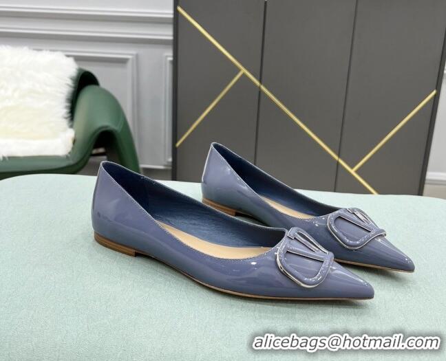 Stylish Valentino VLOGO SIGNATURE Patent Leather Flat Ballerina Blue 0107068