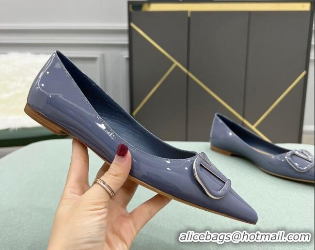 Stylish Valentino VLOGO SIGNATURE Patent Leather Flat Ballerina Blue 0107068