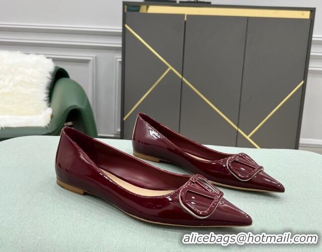 Top Grade Valentino VLOGO SIGNATURE Patent Leather Flat Ballerina Burgundy 0107072