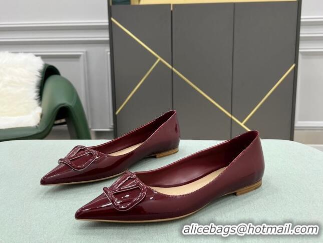 Top Grade Valentino VLOGO SIGNATURE Patent Leather Flat Ballerina Burgundy 0107072