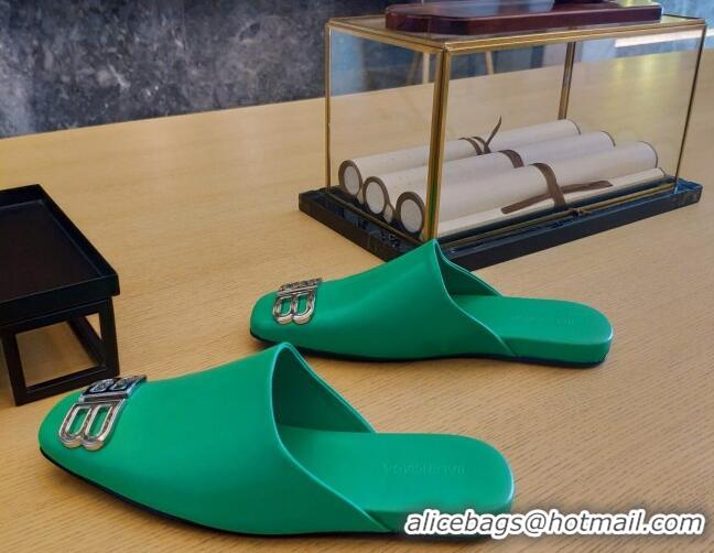 Low Cost Balenciaga BB Lambskin Flat Mules Green 121319