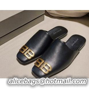 Best Luxury Balenciaga BB Lambskin Flat Mules 121319 Black/Gold