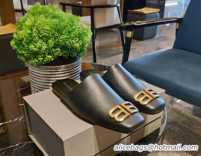 Best Luxury Balenciaga BB Lambskin Flat Mules 121319 Black/Gold