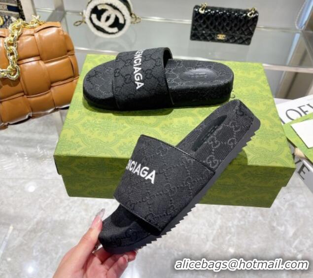 Unique Grade Balenciaga x Gucci GG Canvas Slide Sandals 121343 Black