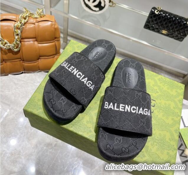 Unique Grade Balenciaga x Gucci GG Canvas Slide Sandals 121343 Black