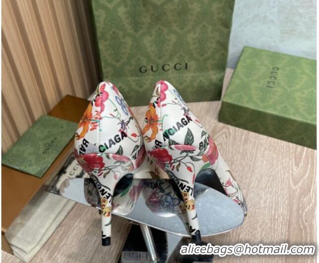 New Style Balenciaga x Gucci The Hacker Project Flora Print Pumps 8cm 121355 White