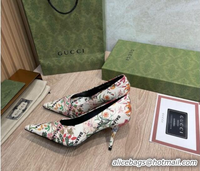 New Style Balenciaga x Gucci The Hacker Project Flora Print Pumps 8cm 121355 White