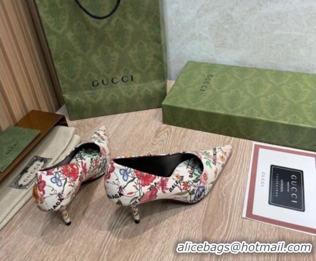 New Style Balenciaga x Gucci The Hacker Project Flora Print Pumps 8cm 121355 White