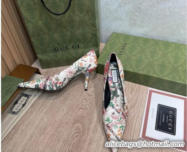 New Style Balenciaga x Gucci The Hacker Project Flora Print Pumps 8cm 121355 White