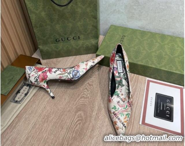 New Style Balenciaga x Gucci The Hacker Project Flora Print Pumps 8cm 121355 White