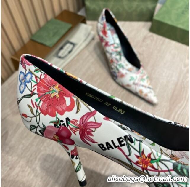 New Style Balenciaga x Gucci The Hacker Project Flora Print Pumps 8cm 121355 White