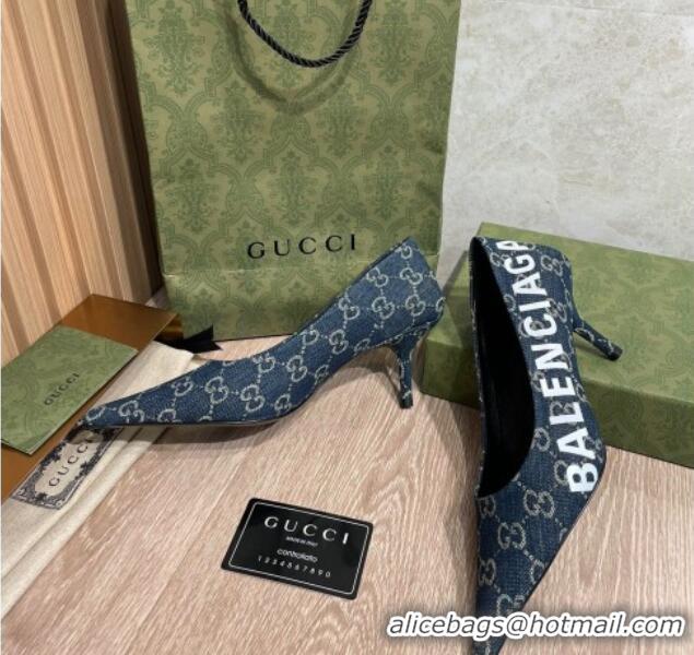 Discount Balenciaga x Gucci The Hacker Project GG Denim Square Knife Pumps 6.5cm 121356 Blue