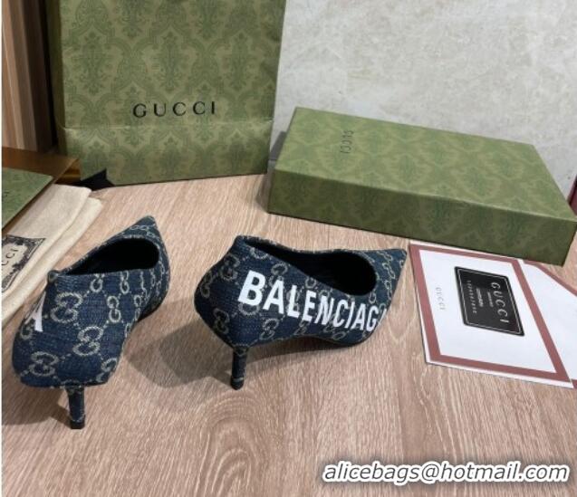 Discount Balenciaga x Gucci The Hacker Project GG Denim Square Knife Pumps 6.5cm 121356 Blue