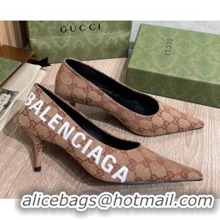 New Style Balenciaga x Gucci The Hacker Project GG Canvas Square Knife Pumps 6.5cm Beige/Brick Red 121357