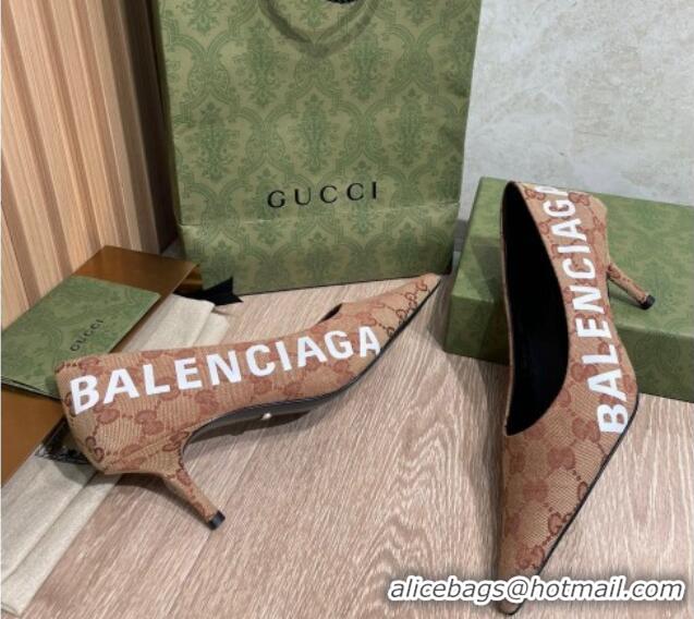 New Style Balenciaga x Gucci The Hacker Project GG Canvas Square Knife Pumps 6.5cm Beige/Brick Red 121357