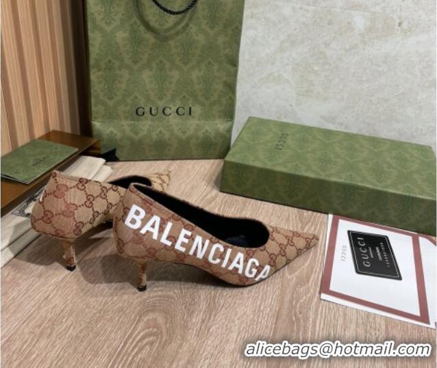 New Style Balenciaga x Gucci The Hacker Project GG Canvas Square Knife Pumps 6.5cm Beige/Brick Red 121357