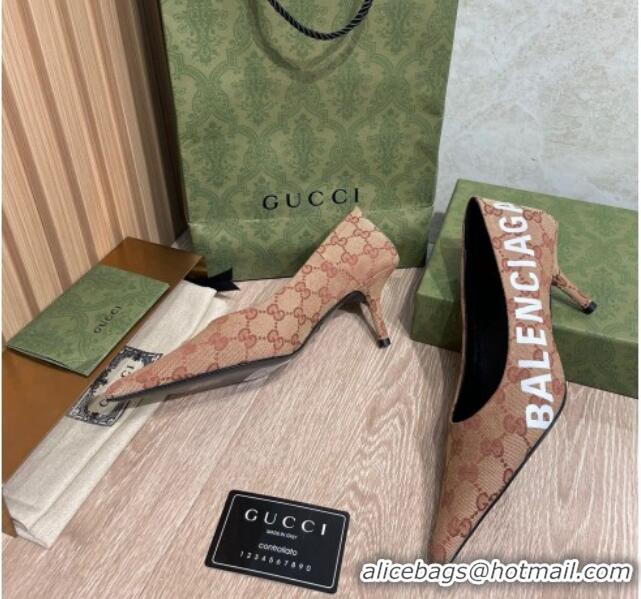 New Style Balenciaga x Gucci The Hacker Project GG Canvas Square Knife Pumps 6.5cm Beige/Brick Red 121357