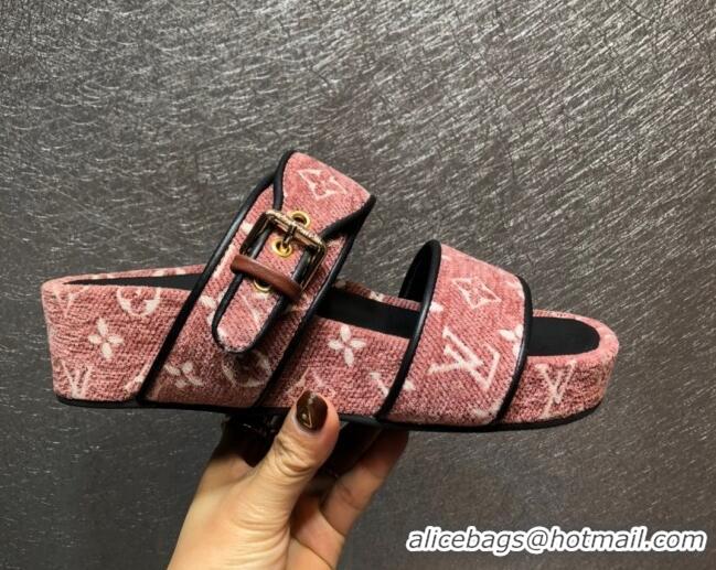 Charming Louis Vuitton Jumbo Monogram Velvet Flatform Slide Sandals Pink 121674