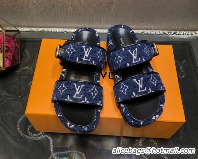 Top Quality Louis Vuitton Jumbo Monogram Velvet Flatform Slide Sandals 121674 Blue