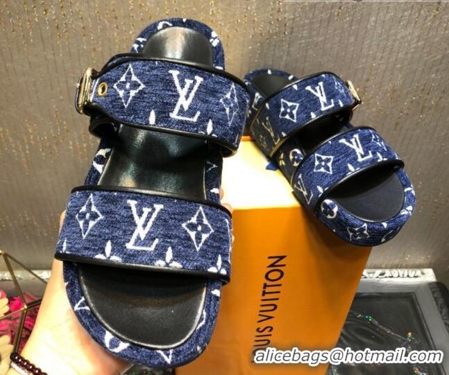 Top Quality Louis Vuitton Jumbo Monogram Velvet Flatform Slide Sandals 121674 Blue