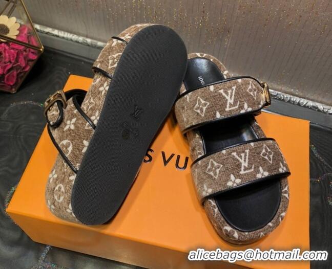 Discount Louis Vuitton Jumbo Monogram Velvet Flatform Slide Sandals 121674 Khaki